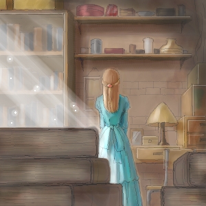 1girl, blue_dress, book, book_stack, brown_hair, commentary_request, dress, from_behind