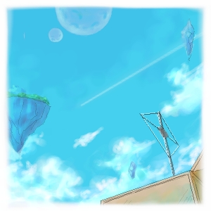 blue_sky, border, clouds, commentary_request, floating_gem, floating_island, lowres, no_humans