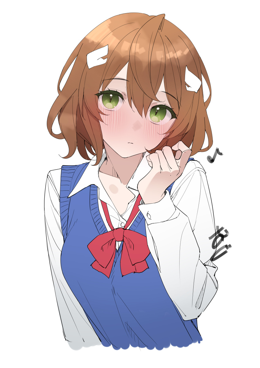 1girl, absurdres, anno_akira, blue_sweater_vest, blush, bow, bowtie, brown_hair
