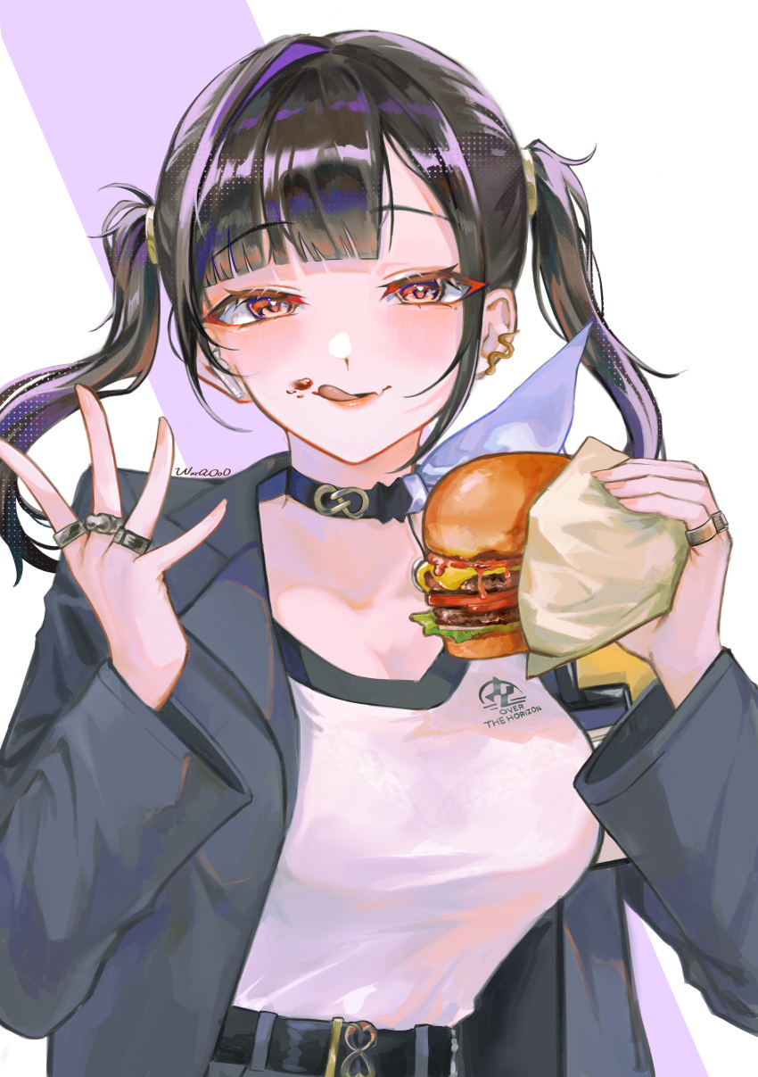 absurdres, belt, black_belt, black_choker, black_hair, burger, choker, earrings