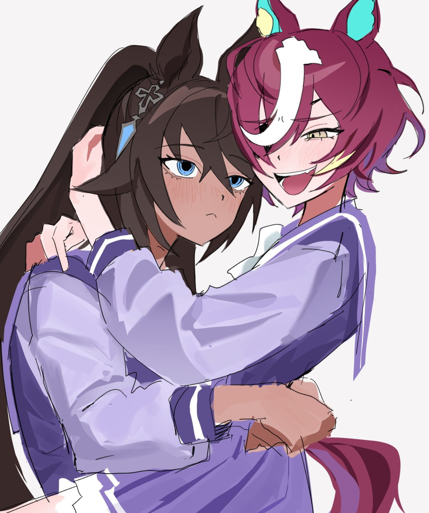 2girls, animal_ears, arms_around_neck, arms_around_waist, astronghouse, blue_eyes, blue_sailor_collar, blue_shirt, blue_skirt, bow, brown_hair, closed_mouth, cowboy_shot, cross_hair_ornament, dark-skinned_female, dark_skin, ear_ornament, expressionless, eyelashes, fangs, frown, furrowed_brow, hair_between_eyes, hair_ornament, hair_over_one_eye, hand_in_another's_hair, hand_on_another's_shoulder, highres, horse_ears, horse_girl, hug, interracial, laughing, long_hair, long_sleeves, looking_at_another, loose_hair_strand, miniskirt, multicolored_hair, multiple_girls, open_mouth, pleated_skirt, ponytail, puffy_long_sleeves, puffy_sleeves, red_hair, sailor_collar, school_uniform, shirt, short_hair, simple_background, skirt, smile, streaked_hair, swept_bangs, symboli_kris_s_(umamusume), tanino_gimlet_(umamusume), teeth, tracen_school_uniform, umamusume, very_long_hair, white_background, white_bow, yellow_eyes, yuri