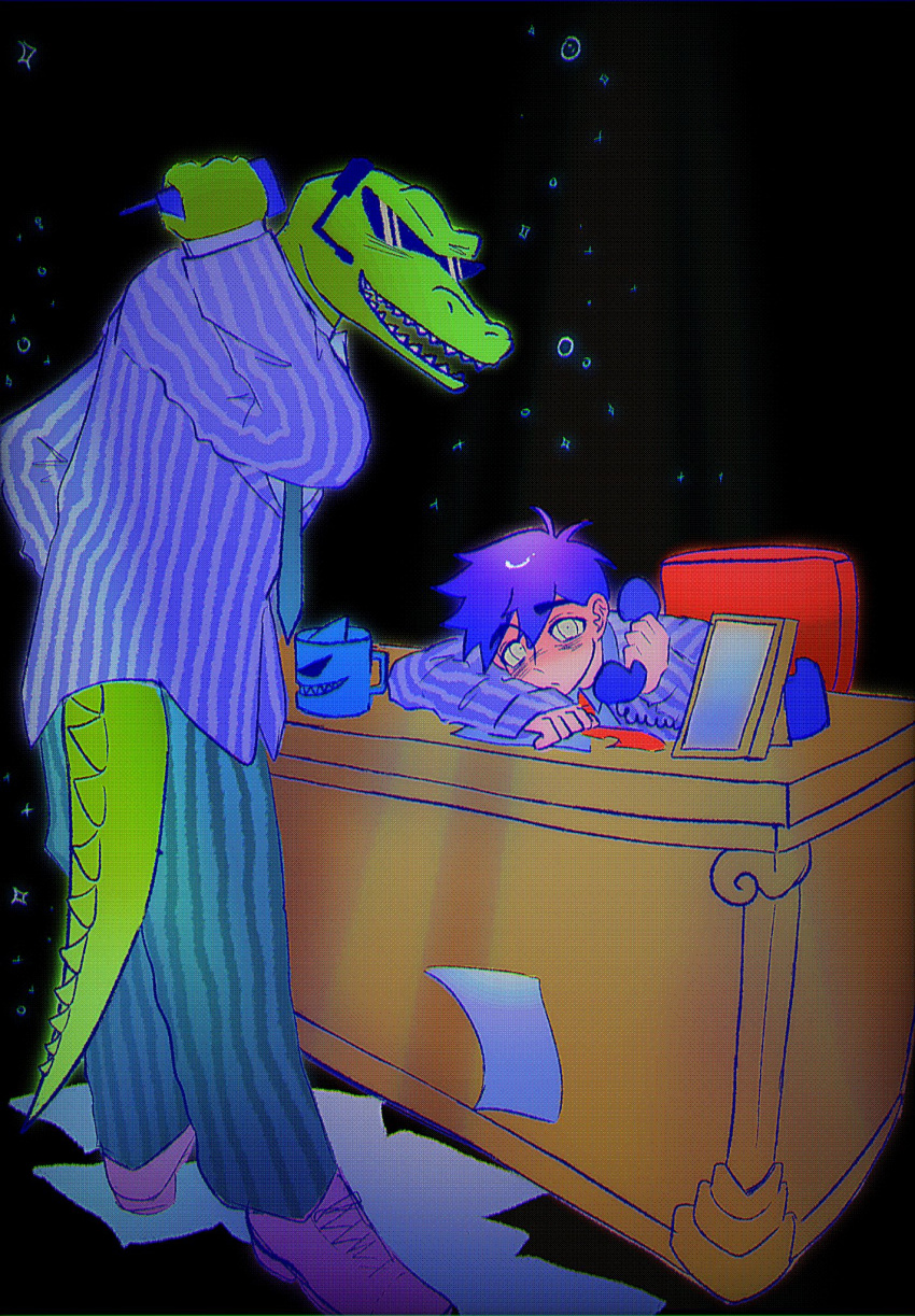 2boys, antenna_hair, black_necktie, bossman_hero, coffee_mug, crocodile_boy, cup, desk