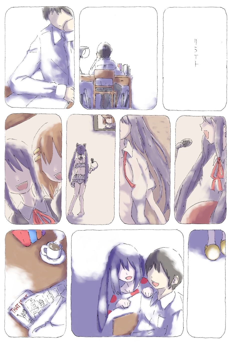 black_hair, brown_hair, cat_ears, comic, hair_ornament, hairclip, highres, hirasawa_yui, k-on!, microphone, nakano_azusa, open_clothes, open_shirt, polka_dot, shirt, teramat, this_is_it, translated, twintails