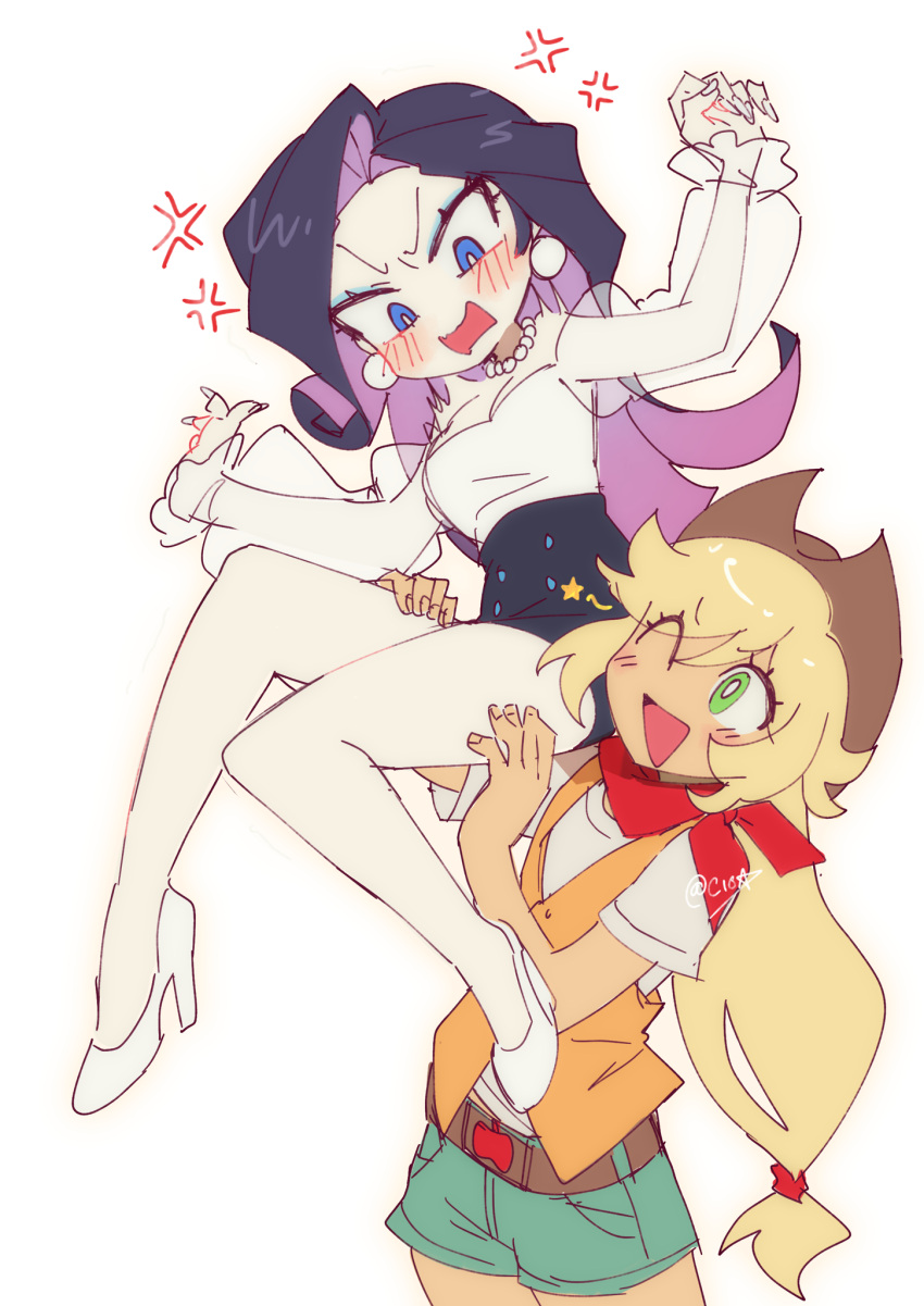 2girls, applejack, belt, black_skirt, blonde_hair, blue_eyes, blue_eyeshadow, blue_shorts