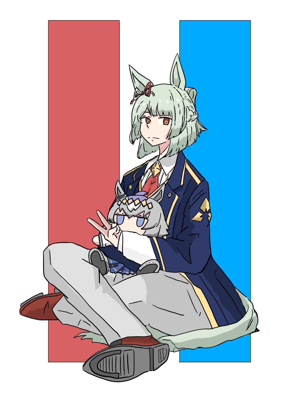 1girl, animal_ears, blue_coat, blunt_bangs, blunt_ends, bob_cut, boots, braid, character_doll, coat, collared_coat, collared_shirt, collared_vest, crossed_legs, diamond_brooch, doll, dress_pants, expressionless, flag_background, fujimasa_march_(umamusume), full_body, green_hair, grey_pants, grey_vest, hair_rings, half_up_half_down_braid, highres, holding, holding_doll, horse_ears, horse_girl, horse_tail, horseshoe, lapel_pin, lapels, long_sleeves, necktie, notched_lapels, oguri_cap_(umamusume), open_clothes, open_coat, orange_eyes, pants, puffy_long_sleeves, puffy_sleeves, red_boots, red_necktie, shirt, single_hair_ring, sitting, sleeves_past_wrists, solo, sxpwze4u3podzmr, tail, umamusume, umamusume:_cinderella_gray, v, vest, white_background, white_shirt