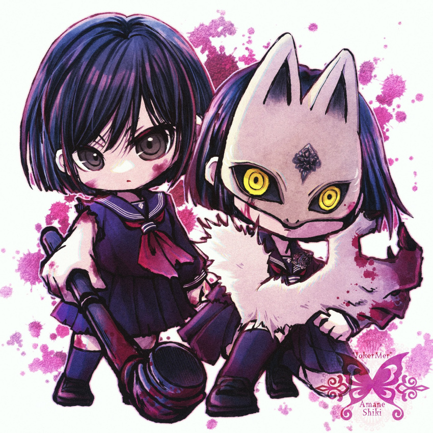 artist_name, black_hair, black_serafuku, black_skirt, black_socks, blood, blood_on_face, chibi