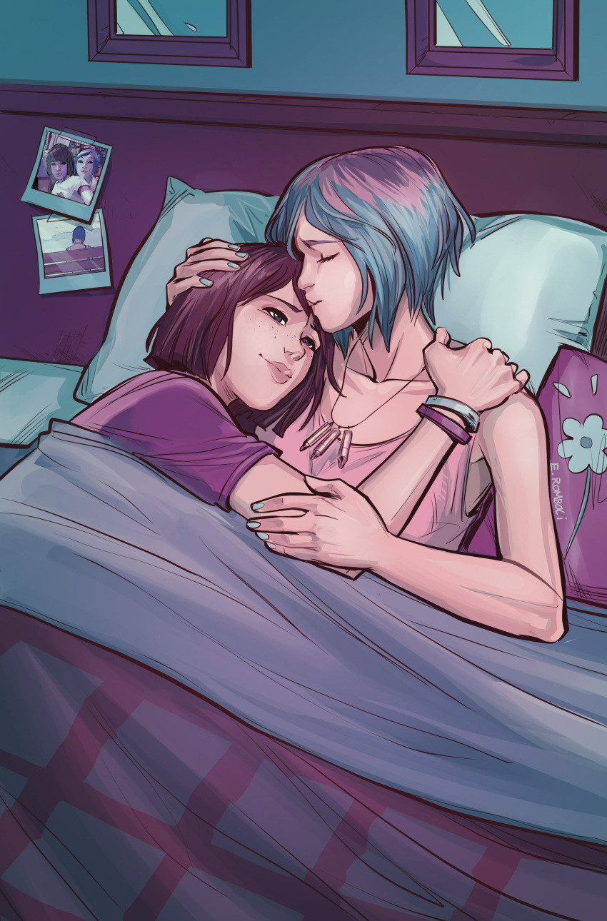 2girls, absurdres, afterlaughs, bedroom, blue_hair, blue_nails, bracelet, brown_hair