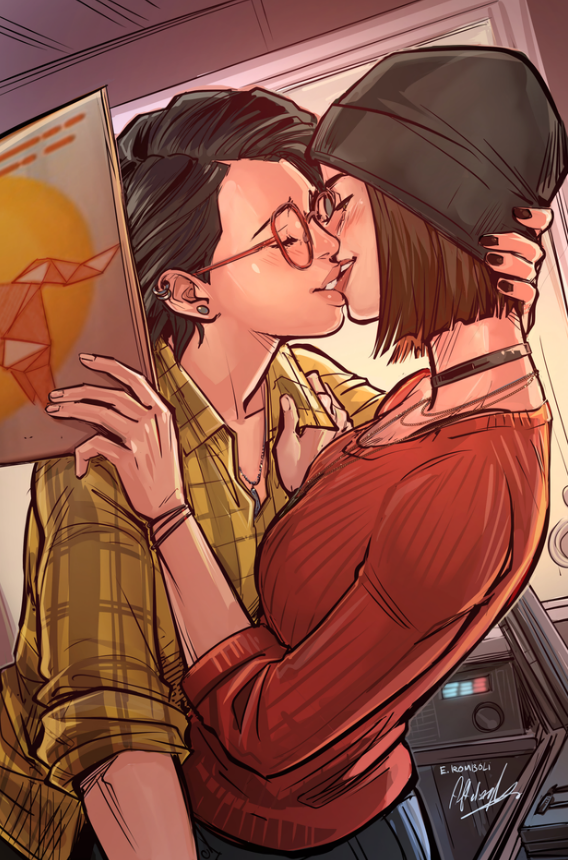 2girls, afterlaughs, alex_chen, beanie, black_choker, black_hair, black_nails, brown_hair