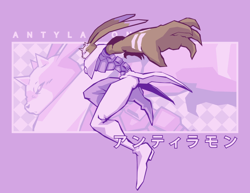 andiramon, chalk_(chalkmoo), character_name, digimon, digimon_(creature), from_side, full_body, highres, horns, inktober, profile, purple_background, rabbit, simple_background, solo, translated