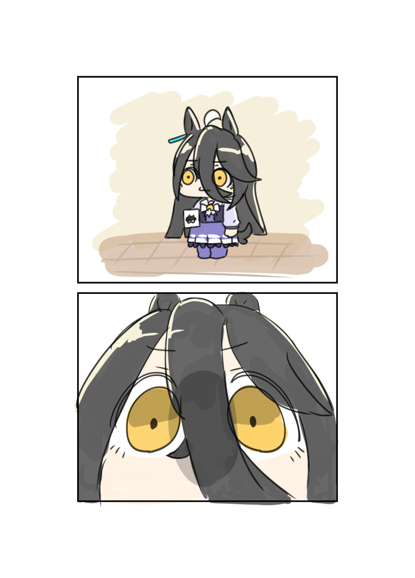 1girl, ahoge, animal_ears, black_hair, chibi, chibi_only, cup, ear_tag