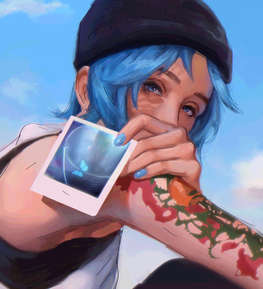 1girl, arm_tattoo, beanie, black_hat, black_tank_top, blonde_hair, blue_eyes, blue_nails, blue_sky, chloe_price, day, democross, hat, highres, holding, holding_photo, life_is_strange_(series), life_is_strange_1, looking_at_viewer, outdoors, photo_(object), polaroid_photo, sky, solo, tank_top, tattoo