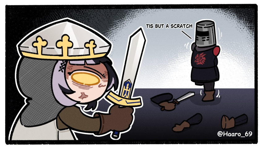 1boy, 1girl, amputee, anger_vein, armless_amputee, armor, black_hair, black_knight_(monty_python)