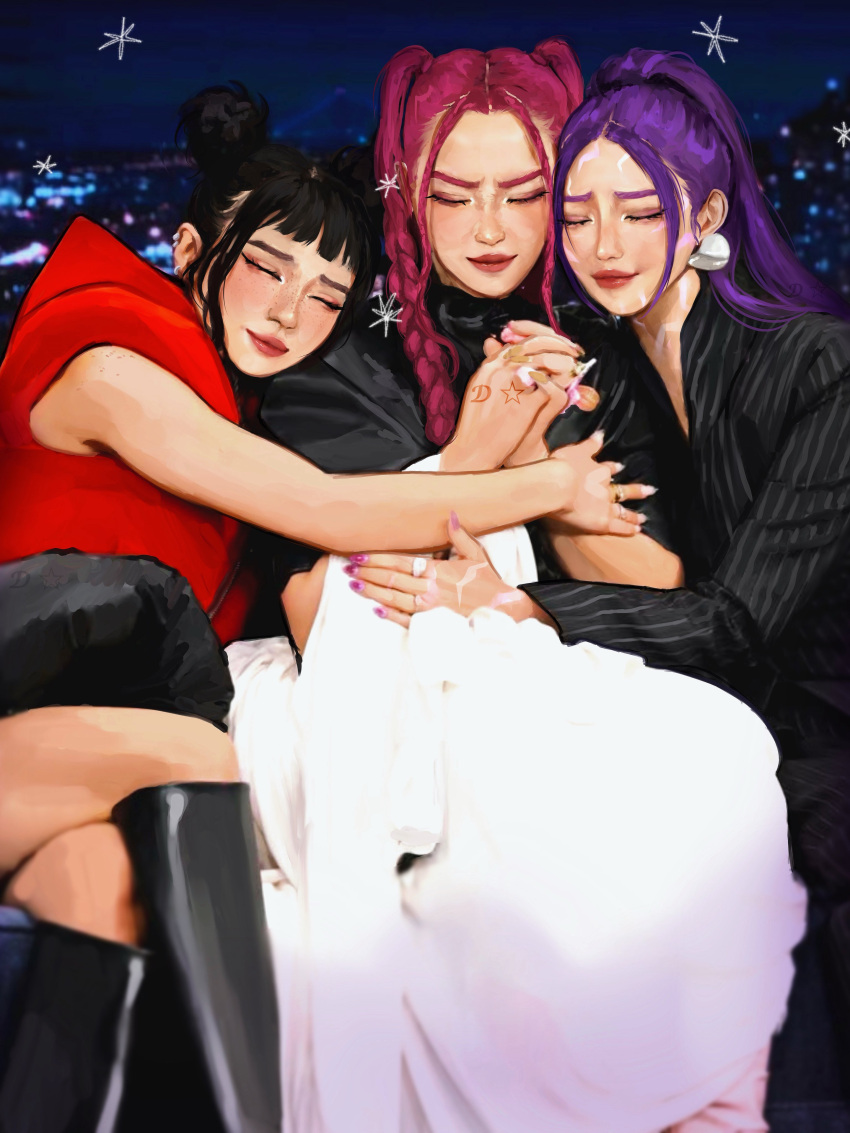 3girls, absurdres, black_boots, black_hair, black_suit, boots, braid, dannyisonfiree