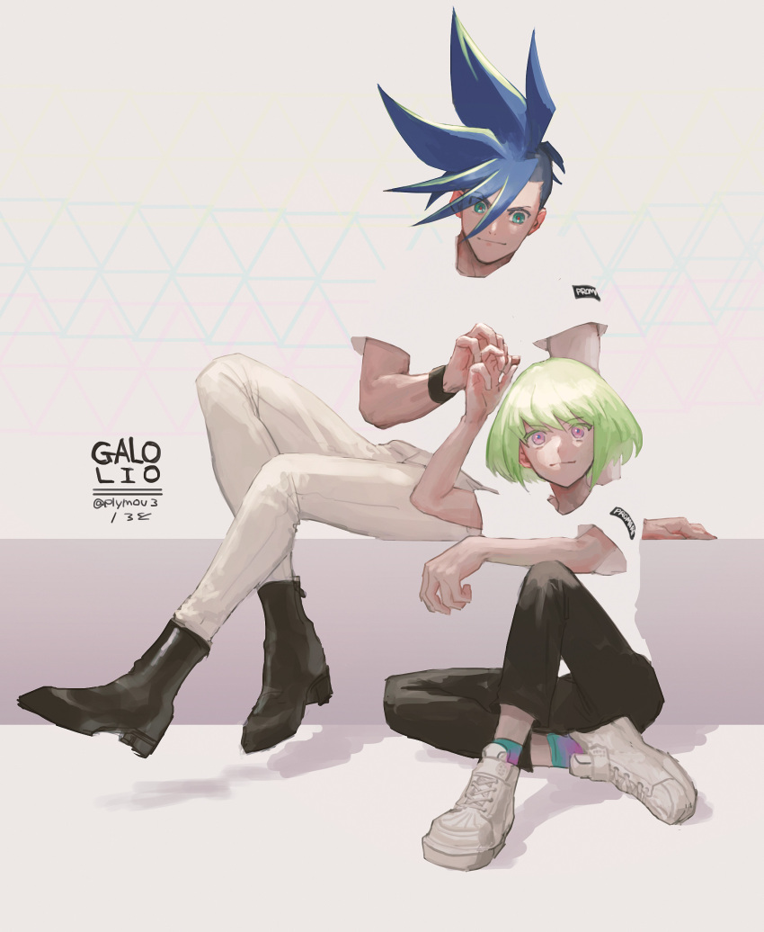 2boys, black_boots, black_pants, blending, blue_eyes, blue_hair, boots, character_name