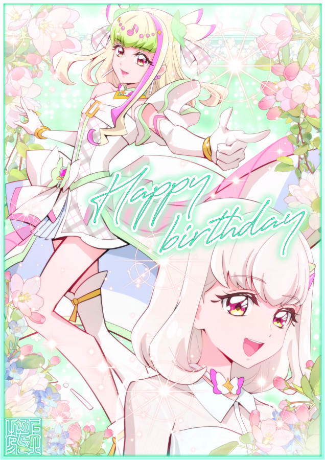 1girl, artist_logo, bare_shoulders, bloom, blunt_bangs, bob_cut, bubble_skirt, choker