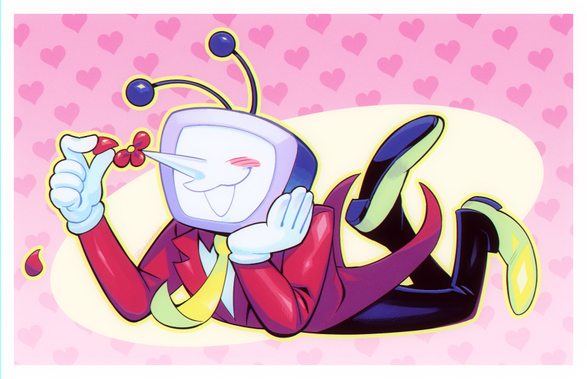 1boy, ant_tenna, black_pants, blush_stickers, border, collared_shirt, commentary, crt