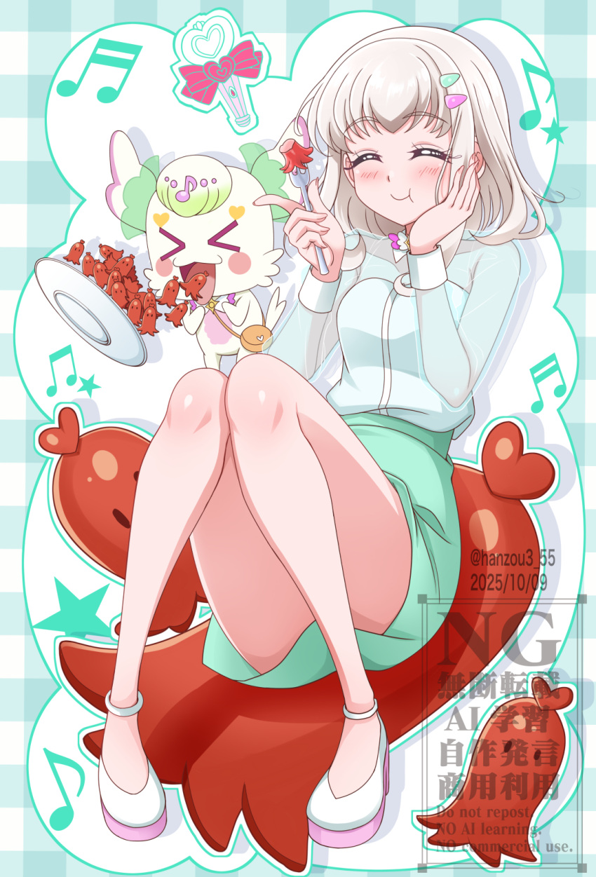 1girl, bare_legs, between_legs, blonde_hair, blunt_bangs, blush, closed_eyes, closed_mouth, diagonal-striped_background, eating, finger_gun, food, fork, full_body, gingham_background, green_shirt, hair_ornament, hairpin, hand_on_own_face, hanzou, heart_stick, highres, holding, holding_fork, idol, kimi_to_idol_precure, lightstick, loafers, long_sleeves, mature_female, miniskirt, musical_note, octopus_sausage_earrings, precure, purirun_(civilian)_(precure), purirun_(fairy)_(precure), purirun_(precure), sausage, see-through_clothes, see-through_shirt, see-through_sleeves, shirt, shoes, sitting_on_food, skirt, solo, striped_background, stuffed_animal, stuffed_toy, twitter_username, watermark