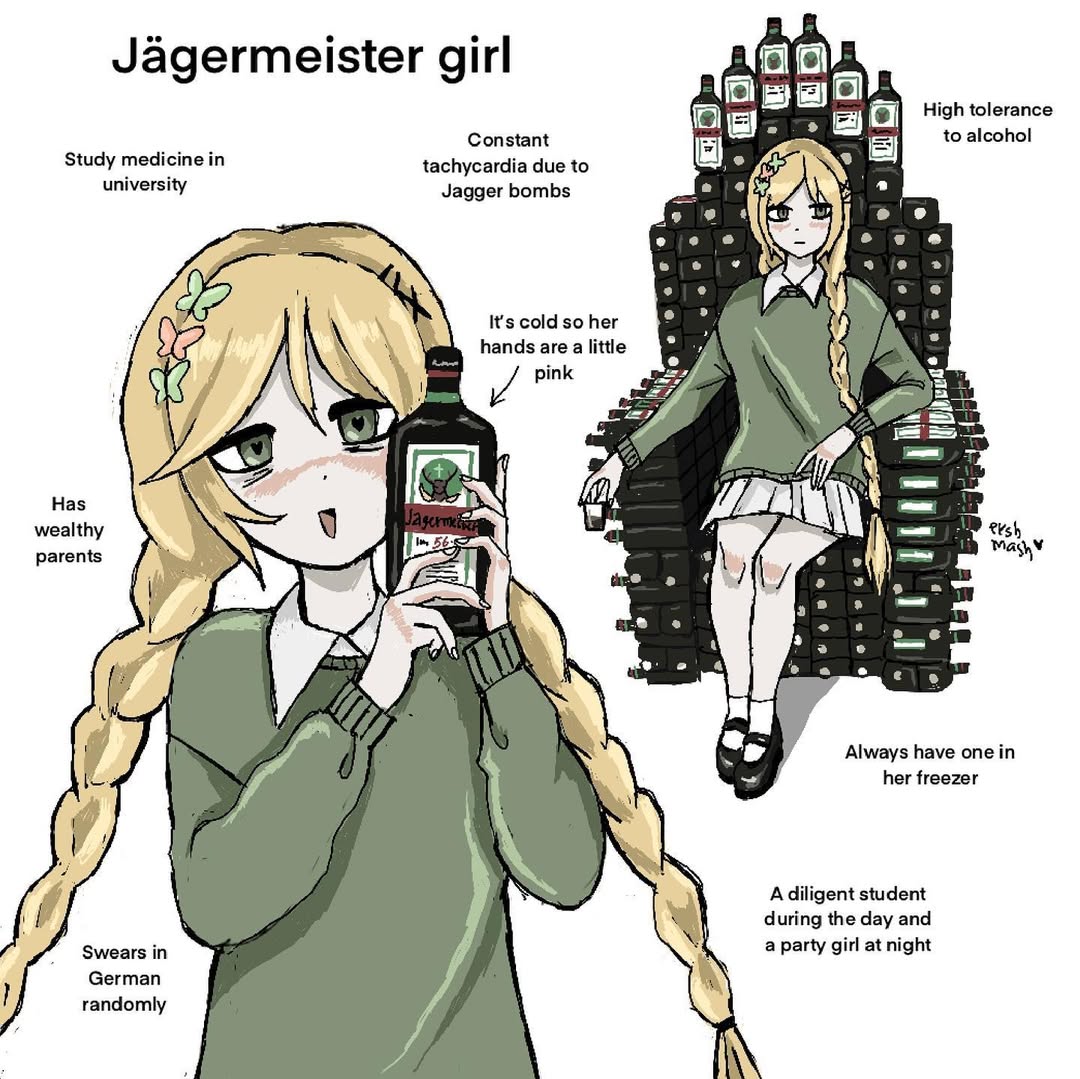 1girl, bags_under_eyes, black_shoes, blonde_hair, blush, bottle, braid, brown_eyes, brown_sweater, butterfly_hair_ornament, cowboy_shot, cup, ershmash, hair_ornament, hairclip, heart, heart-shaped_pupils, holding, holding_bottle, holding_cup, jagermeister, long_hair, long_sleeves, open_mouth, original, pleated_skirt, shirt, shoes, simple_background, skirt, smile, socks, sweater, symbol-shaped_pupils, throne, twin_braids, very_long_hair, white_background, white_shirt, white_skirt, white_socks