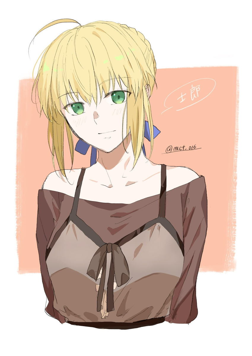 1girl, ahoge, artist_name, artoria_pendragon_(fate), blonde_hair, braid, braided_bun, bun_with_braided_base, fate/stay_night, fate_(series), green_eyes, hair_bun, highres, mct, saber_(fate), shirt, signature, twitter_username, upper_body