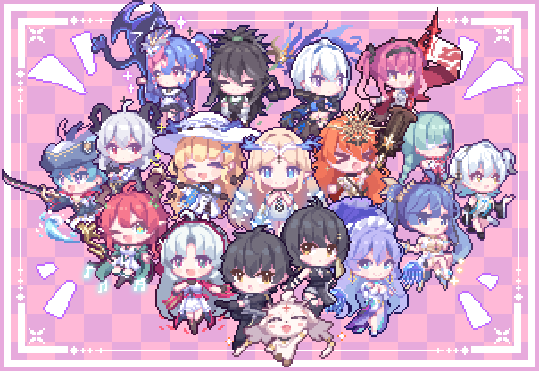 >_<, 3boys, 6+girls, abby_(wuthering_waves), ahoge, augusta_(wuthering_waves), black_hair, black_horns
