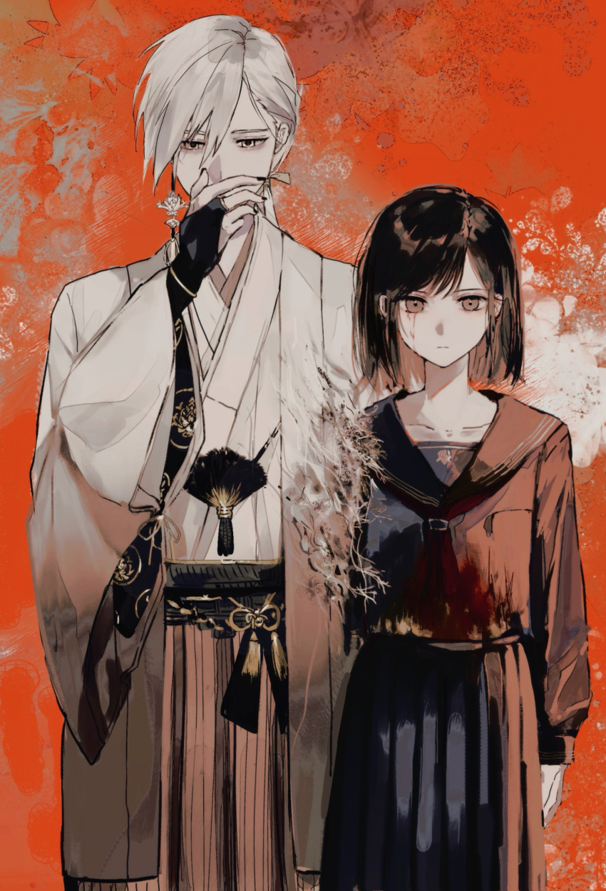 1boy, 1girl, black_sailor_collar, black_sclera, black_serafuku, colored_sclera, earrings, fox_mask_(silent_hill)