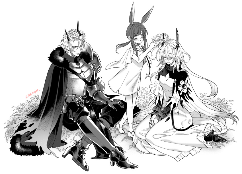 1boy, 2girls, amiya_(arknights), amiya_(young)_(arknights), animal_ears, arknights, armor, blush