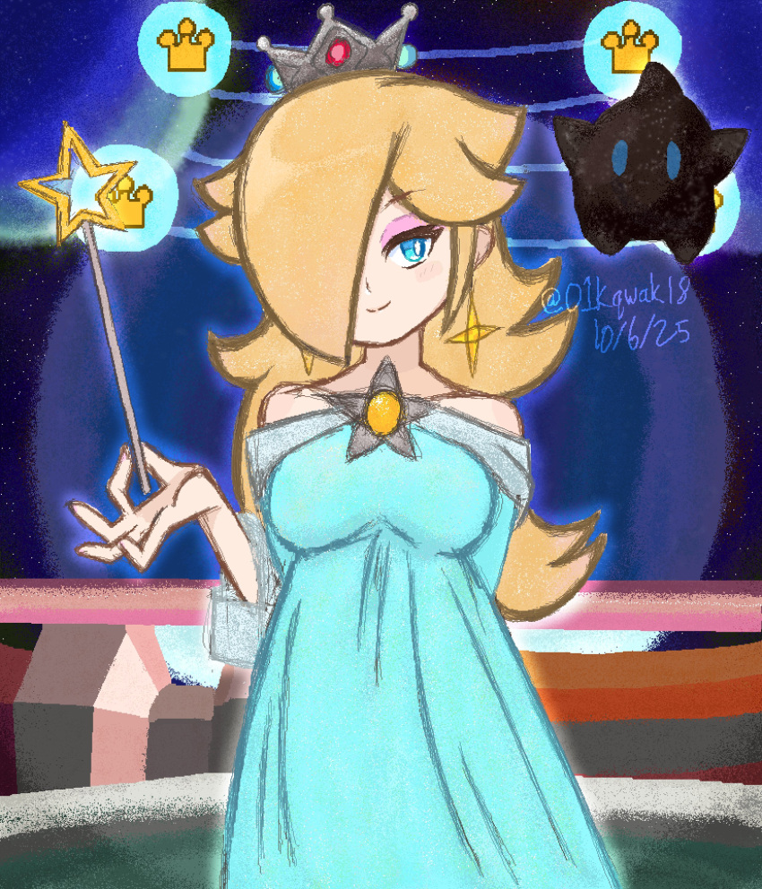 01kqwak18, 1girl, absurdres, arm_behind_back, blonde_hair, blue_dress, blue_eyes, brooch