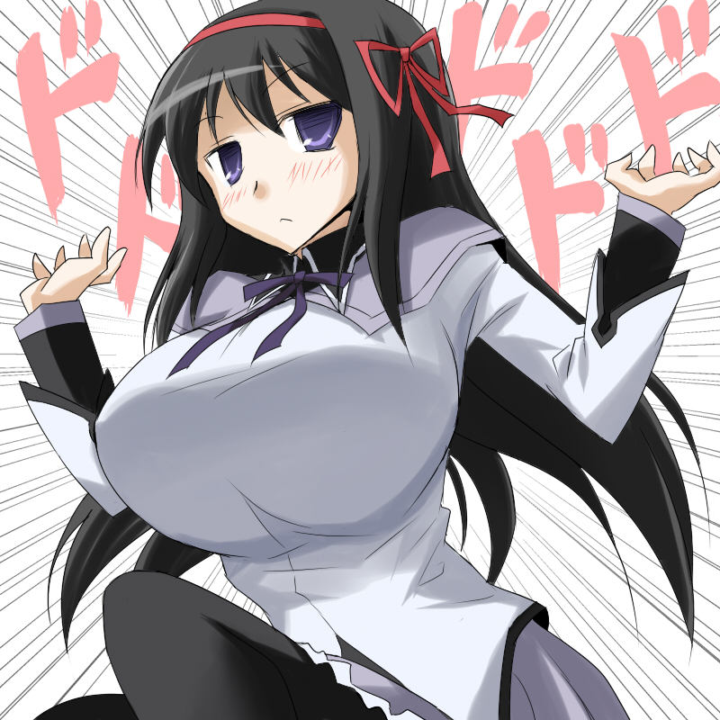 akemi_homura, black_hair, breasts, hair_ribbon, huge_breasts, large_breasts, mahou_shoujo_madoka_magica, oro_(zetsubou_girl), pantyhose, purple_eyes, ribbon, solo, violet_eyes