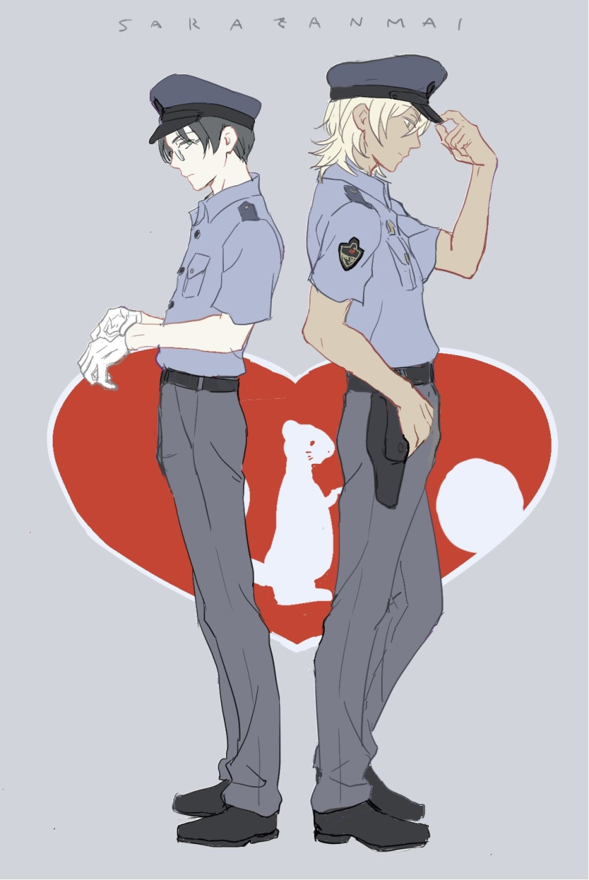 2boys, akutsu_mabu, back-to-back, black_hair, black_shoes, blonde_hair, blue_shirt, closed_mouth