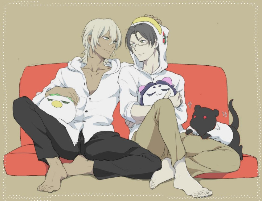 2boys, akutsu_mabu, azuma_sara, barefoot, black_hair, black_pants, buttons, collarbone