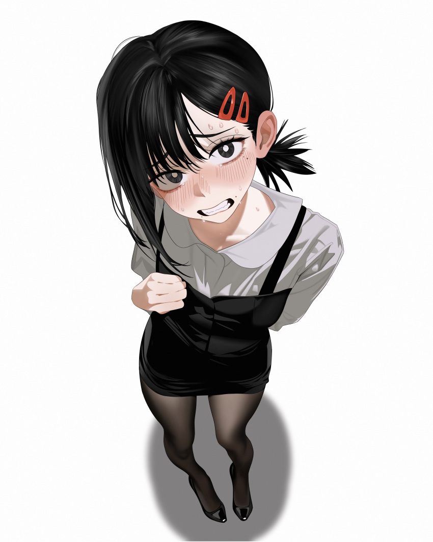 1girl, absurdres, apron, arm_behind_back, black_apron, black_eyes, black_hair, black_pantyhose