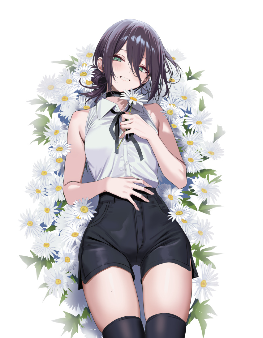 1girl, absurdres, armpit_crease, black_choker, black_hair, black_ribbon, black_shorts, black_thighhighs
