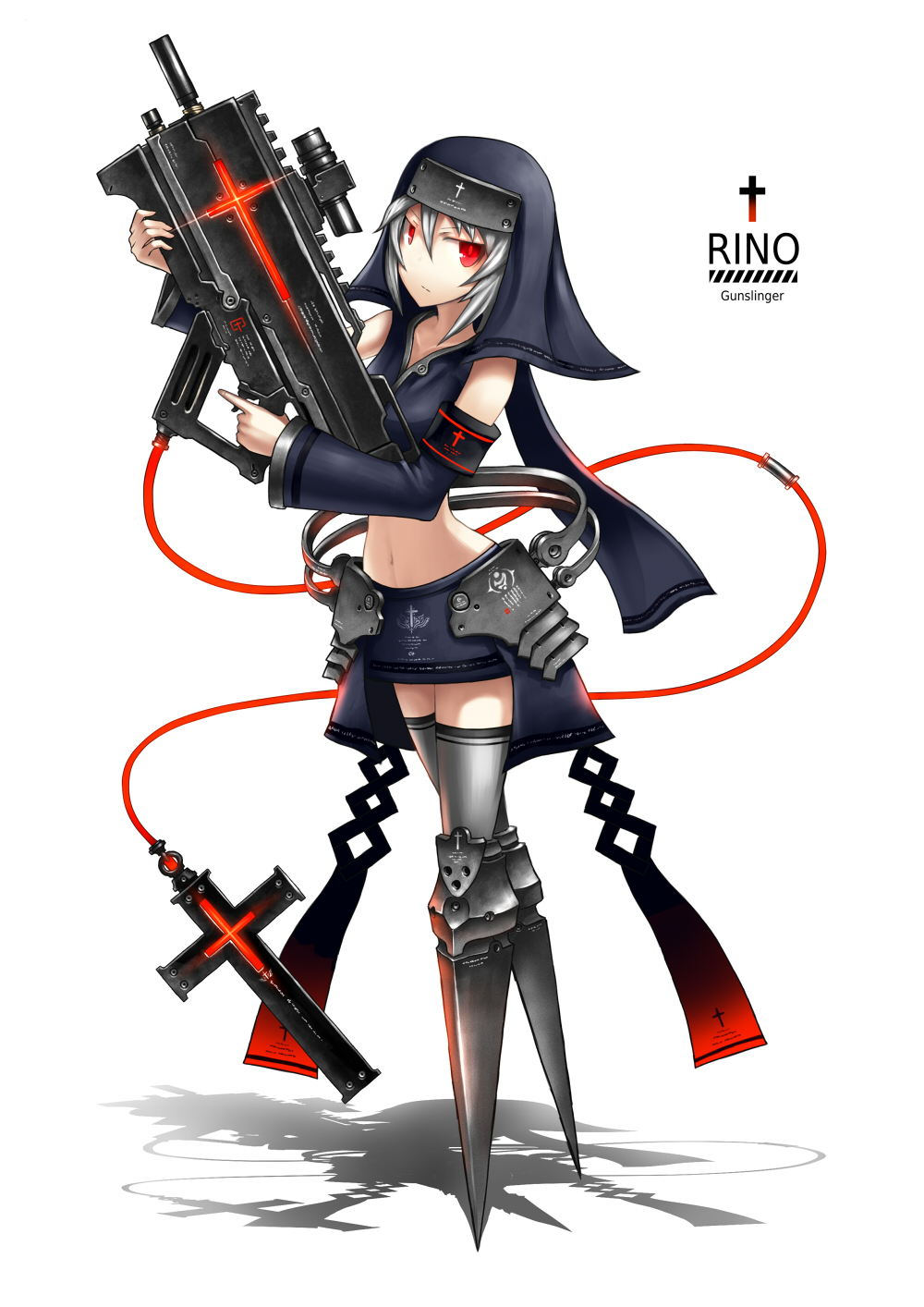 christian_girl, cross, detached_sleeves, gia, gun, habit, highres, nun, original, red_eyes, short_hair, simple_background, solo, submachine_gun, thigh-highs, thighhighs, weapon, white_hair
