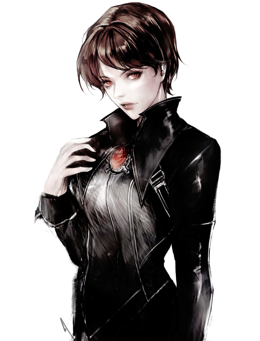 1girl, black_coat, brown_hair, closed_mouth, coat, commentary, english_commentary, gem