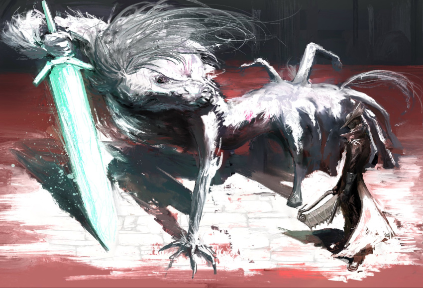 1boy, 1other, black_hat, blood, bloodborne, boss_fight, extra_legs, from_above