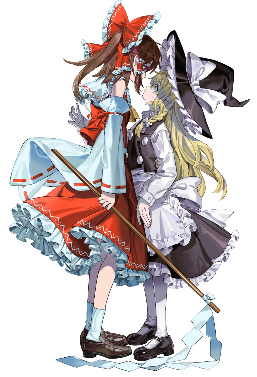 2girls, absurdres, apron, black_hat, black_shoes, black_skirt, black_vest, blonde_hair, bow, braid, brown_hair, brown_shoes, closed_mouth, detached_sleeves, eye_contact, face-to-face, frilled_bow, frilled_hair_tubes, frilled_skirt, frills, from_side, full_body, gohei, hair_bow, hair_tubes, hakurei_reimu, hat, hat_bow, highres, holding, holding_gohei, kirisame_marisa, loafers, long_hair, long_sleeves, looking_at_another, looking_down, looking_up, maka_(maka04021), multiple_girls, pantyhose, red_bow, red_eyes, red_ribbon, red_shirt, red_skirt, ribbon, ribbon-trimmed_sleeves, ribbon_trim, shirt, shoes, side_braid, simple_background, single_braid, skirt, sleeveless, sleeveless_shirt, socks, standing, touhou, very_long_hair, vest, waist_apron, white_apron, white_background, white_bow, white_pantyhose, white_shirt, white_sleeves, white_socks, wide_sleeves, witch_hat, yellow_eyes