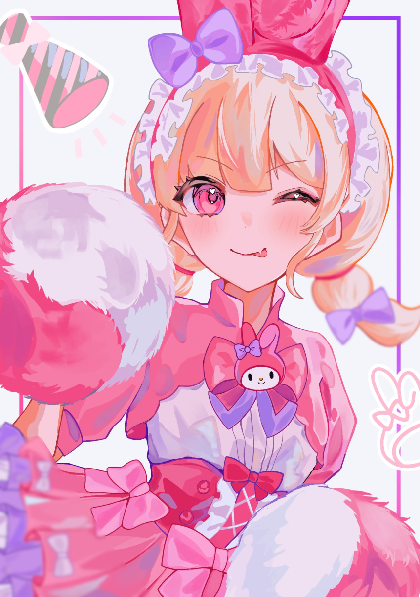 ;p, animal_ear_hairband, animal_ears, blonde_hair, blunt_bangs, blush, bow, corset