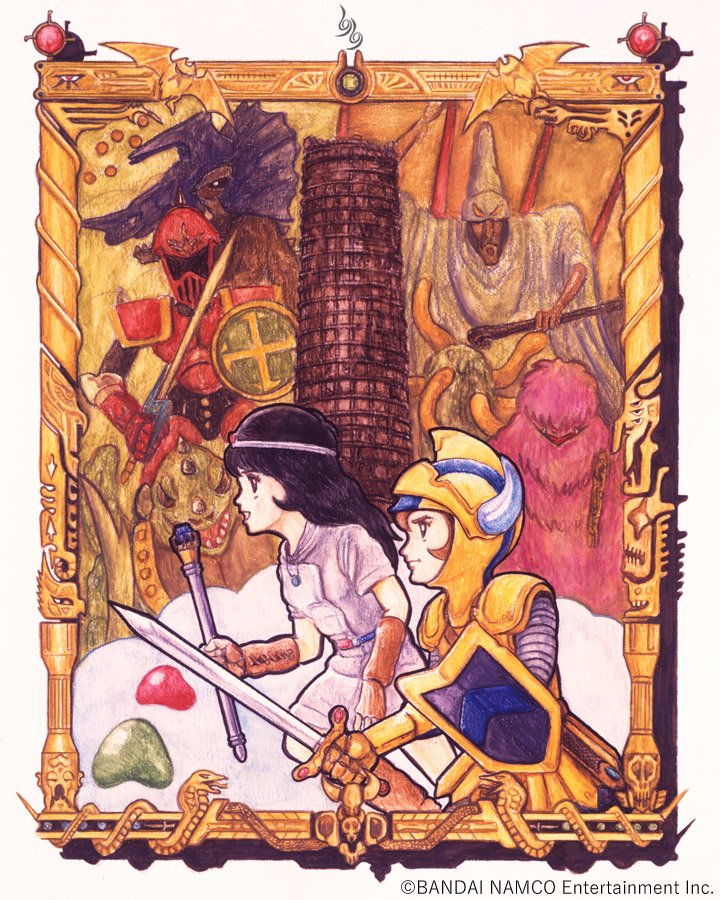 1980s_(style), 1girl, armor, black_hair, blonde_hair, boots, brown_hair, circlet, closed_mouth, cover, dress, druaga_(character), druaga_no_tou, druid_(druaga), elbow_gloves, fingerless_gloves, full_armor, gilgamesh_(druaga), gloves, gold_armor, helmet, holding, holding_shield, holding_sword, holding_weapon, jewelry, ki_(druaga), long_hair, namco, official_art, open_mouth, promotional_art, quox_(druaga), red_knight_(druaga), retro_artstyle, shield, shinozaki_yuichiro, skirt, smile, sword, thigh-highs, tower, video_game_cover, weapon