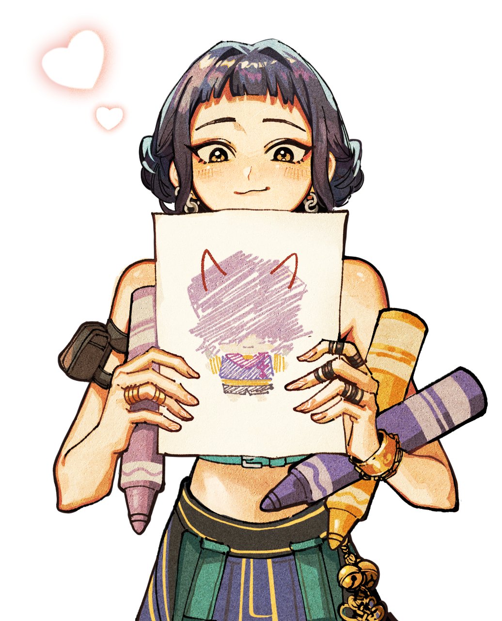1girl, black_hair, brown_eyes, closed_mouth, commentary, crayon, dragonla, drawing_(object), earrings, heart, highres, holding, holding_paper, jewelry, kpop_demon_hunters, mystery_(kpop_demon_hunters), paper, simple_background, smile, solo, standing, symbol-only_commentary, white_background, zoey_(kpop_demon_hunters)