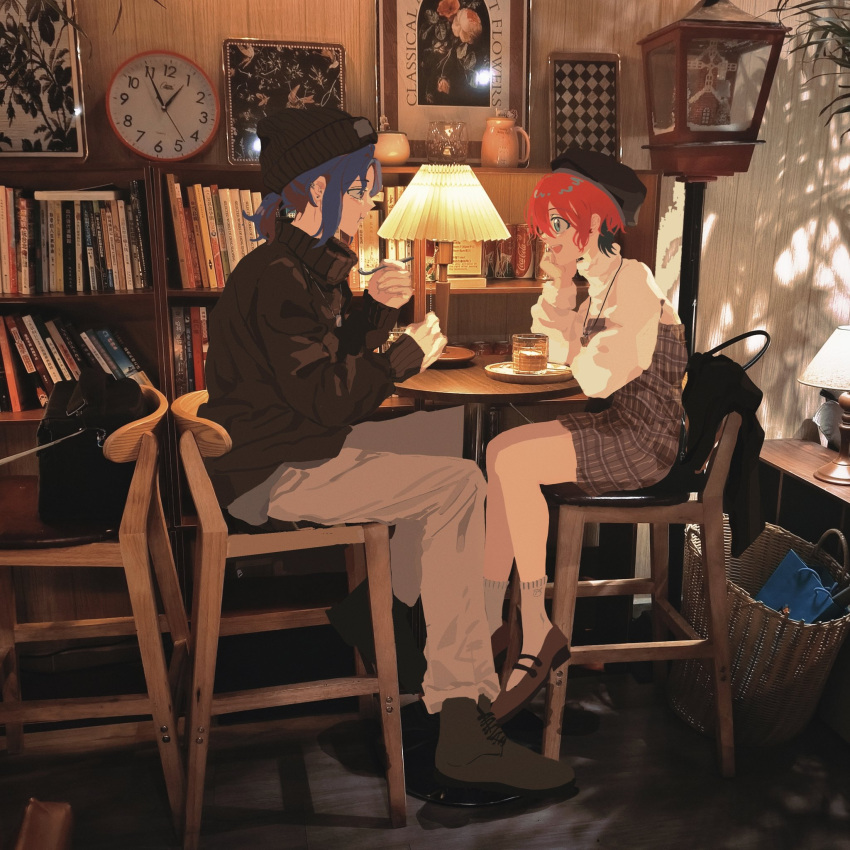 1boy, 1girl, alternate_costume, amate_yuzuriha, ankle_socks, arm_on_table, beanie, beret