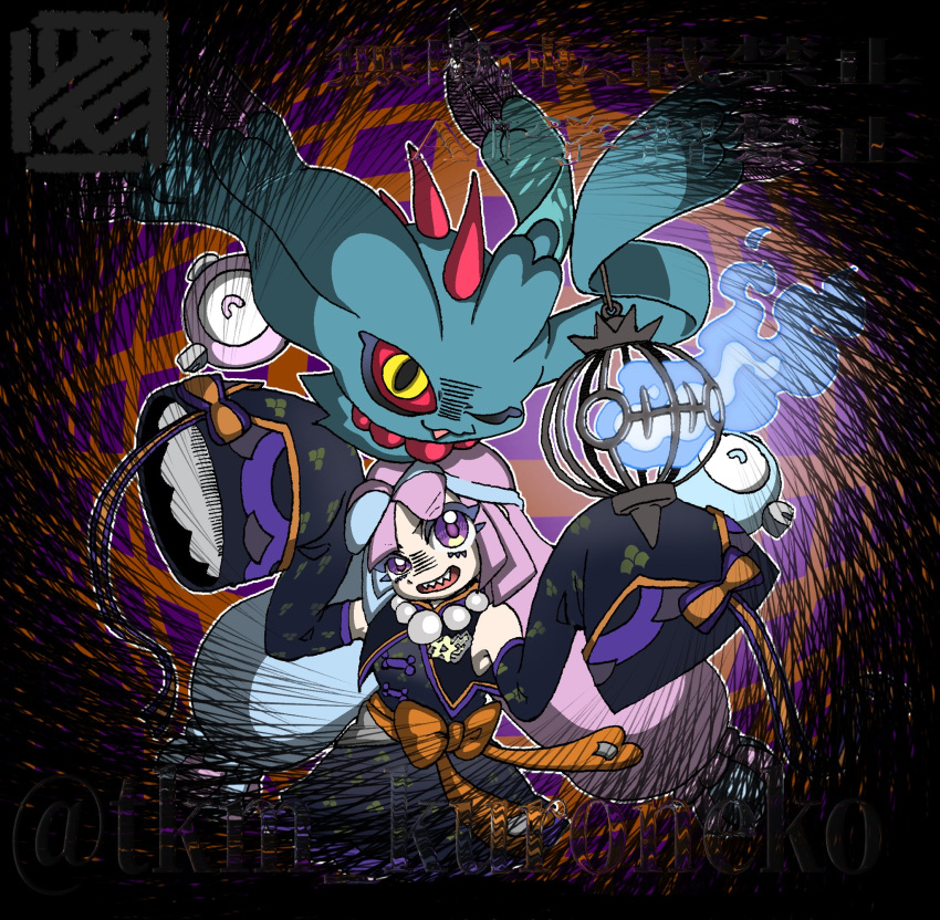 1girl, alternate_color, blue_hair, chandelure, detached_sleeves, flutter_mane, highres, iono_(fall_2024)_(pokemon)