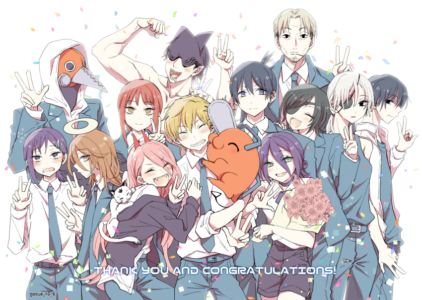 59_(seventhstar), 6+boys, 6+girls, ^_^, angel_devil_(chainsaw_man), beam_(chainsaw_man), black_coat, black_jacket, black_pants, black_shorts, black_suit, blush, bouquet, cat, chainsaw_man, closed_eyes, coat, commentary_request, confetti, creature, demon_horns, denji_(chainsaw_man), double_w, dress_shirt, eyepatch, fangs, halo, hayakawa_aki, higashiyama_kobeni, highres, himeno_(chainsaw_man), hood, hoodie, horns, hugging_object, jacket, kishibe_(chainsaw_man), locked_arms, looking_at_viewer, makima_(chainsaw_man), meowy_(chainsaw_man), multiple_boys, multiple_girls, pants, pochita_(chainsaw_man), power_(chainsaw_man), quanxi_(chainsaw_man), reze_(chainsaw_man), ringed_eyes, shark_boy, sharp_teeth, shirt, shorts, smile, suit, teeth, topless_male, v, violence_fiend_(chainsaw_man), w, white_cat, white_hoodie, white_shirt, yoshida_hirofumi