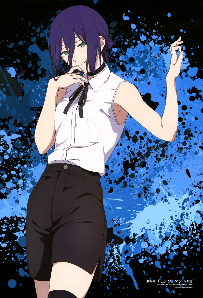 1girl, absurdres, animage, armpit_crease, black_background, black_choker, black_ribbon, black_shorts