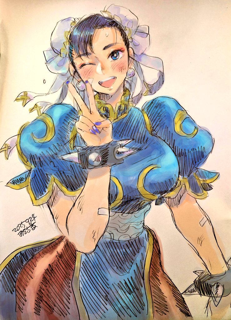 1girl, black_hair, black_pantyhose, blue_dress, blue_eyes, blue_nails, bracelet, china_dress