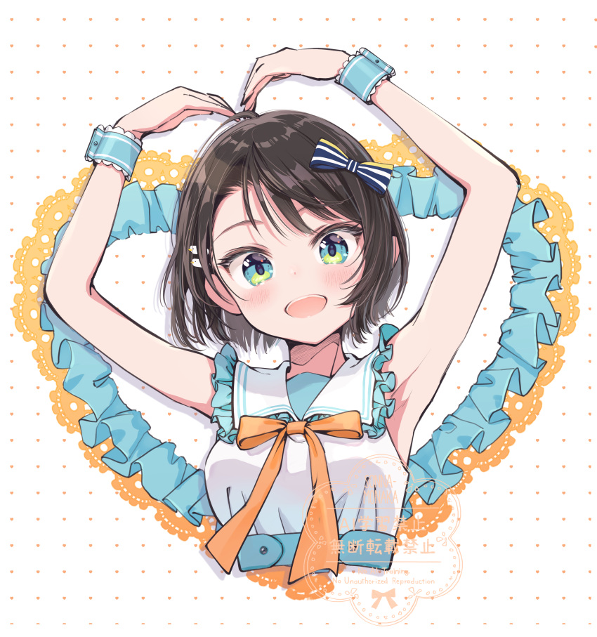 1girl, :d, absurdres, aqua_eyes, armpits, black_hair, blush, bow, commentary, cropped_torso, dress, heart_arms, highres, hololive, looking_at_viewer, official_alternate_costume, oozora_subaru, oozora_subaru_(9th_costume), orange_bow, polka_dot, polka_dot_background, short_hair, sleeveless, sleeveless_dress, smile, solo, sonnamonaka, symbol-only_commentary, virtual_youtuber, watermark, white_background, white_dress, wrist_cuffs