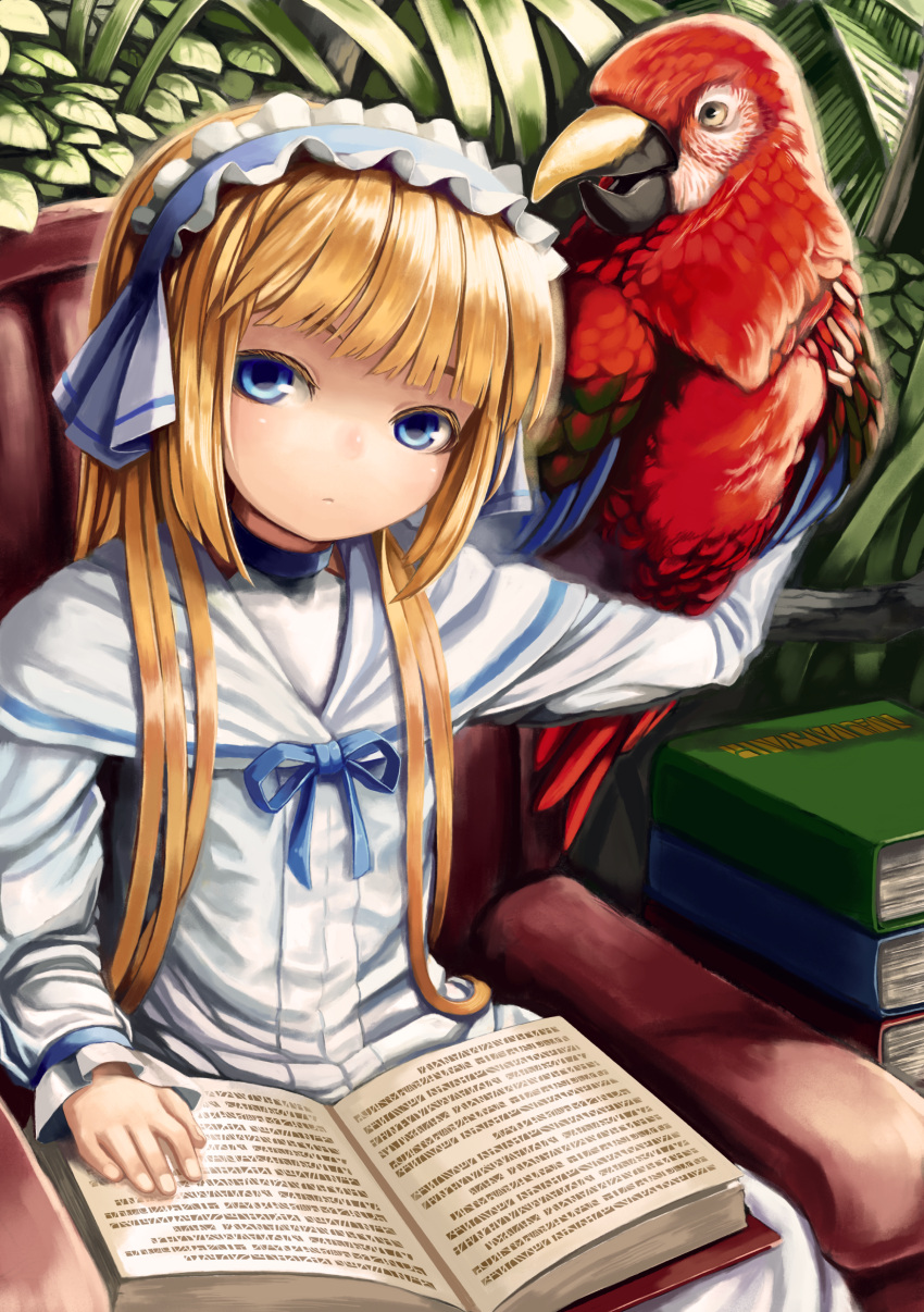 aratama, bad_id, bird, blonde_hair, blue_eyes, book, chair, child