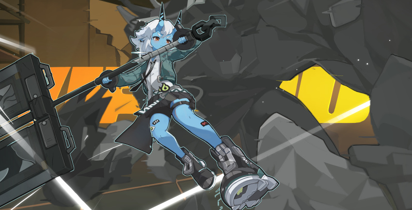 1girl, absurdres, black_shoes, black_skirt, blue_skin, brown_eyes, colored_skin, english_text, ethereal_(zenless_zone_zero), green_jacket, highres, holding, holding_weapon, horns, jacket, oni, pleated_skirt, serious, shirt, shoes, skirt, solo_focus, soukaku_(zenless_zone_zero), sun_(65693337), thigh_strap, weapon, white_hair, white_shirt, zenless_zone_zero, zzz_wipeout