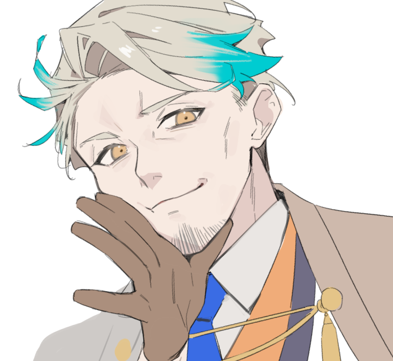 1boy, blonde_hair, blue_hair, blue_necktie, facial_hair, fate/grand_order, fate_(series), gloves, goatee, gradient_hair, hand_on_own_face, katsu_kaishu_(fate), looking_at_viewer, male_focus, multicolored_hair, necktie, old, old_man, portrait, shirt, short_hair, simple_background, smile, solo, tia_(cocorosso), white_background, white_shirt, yellow_eyes