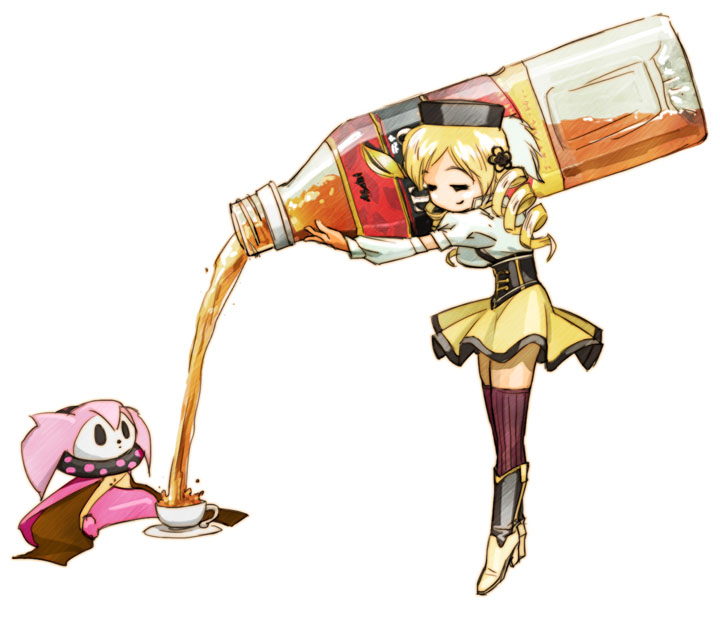 blonde_hair, book, bottle, charlotte_(madoka_magica), closed_eyes, cup, decantering, drill_hair, eyes_closed, hat, kanix, magical_girl, mahou_shoujo_madoka_magica, no_gloves, pouring, pun, simple_background, tea, teacup, thigh-highs, thighhighs, tomoe_mami, twin_drills