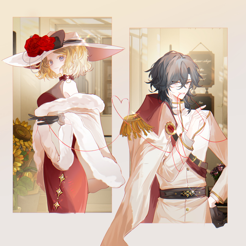 1boy, 1girl, absurdres, bare_shoulders, belt, black_belt, black_gloves, black_hair, blonde_hair, blue_eyes, bow, cape, closed_mouth, coat, coat_on_shoulders, dress, epaulettes, evelyn_mora, flower, fur_trim, gloves, grey_eyes, hand_on_own_hip, hat, hat_flower, heart, heart_of_string, heterochromia, highres, holding, identity_v, jacket, jewelry, long_sleeves, looking_at_viewer, medium_hair, mole, mole_under_mouth, mouth_hold, official_alternate_costume, red_cape, red_dress, red_flower, red_rose, richard_sterling, rose, short_hair, siiiiiiiiiii, sleeveless, sleeveless_dress, smile, standing, string, string_of_fate, sun_hat, sunflower, white_cape, white_coat, white_gloves, white_jacket, yellow_flower
